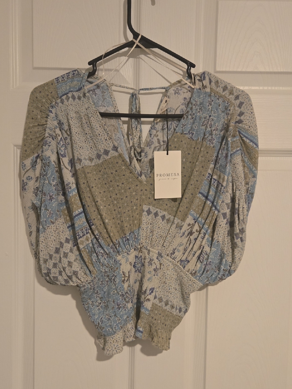 Promesa Blue and Olive Patchwork V-Neck Boho Blouse